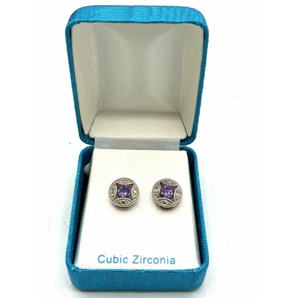 Purple Cubic Zirconia Round Earrings Silver Tone Filigree CZ Estate Jewelry